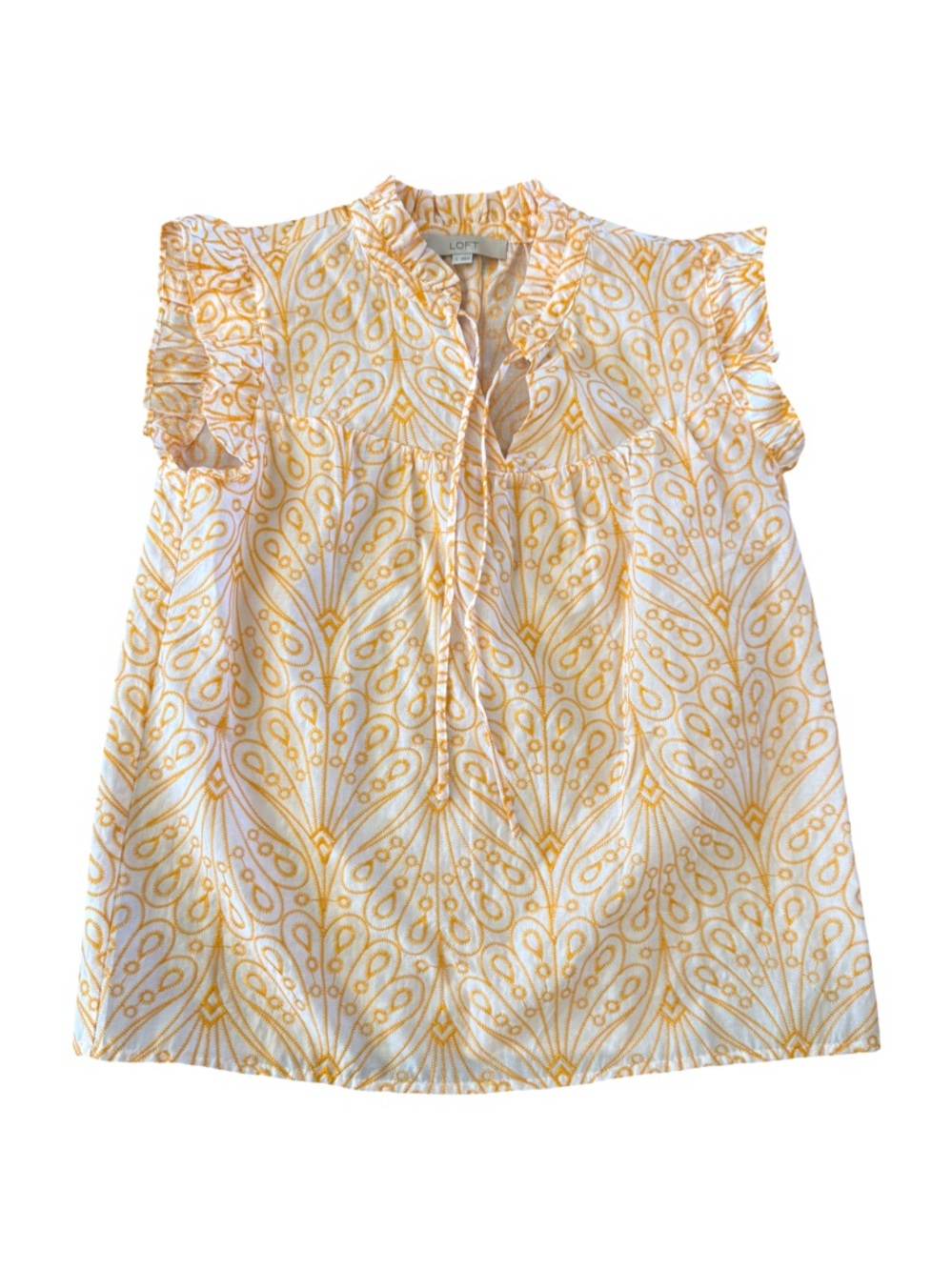 LOFT White and Yellow Fan-Print Embroidered Ruffle Sleeve Tie-Neck Top